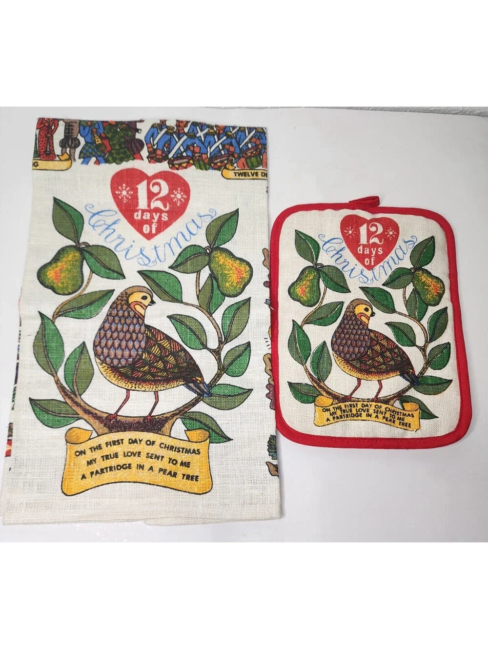 Vintage Tea and Pot Holder Linen Partridge In A Pear Tree 12 Days of Christmas